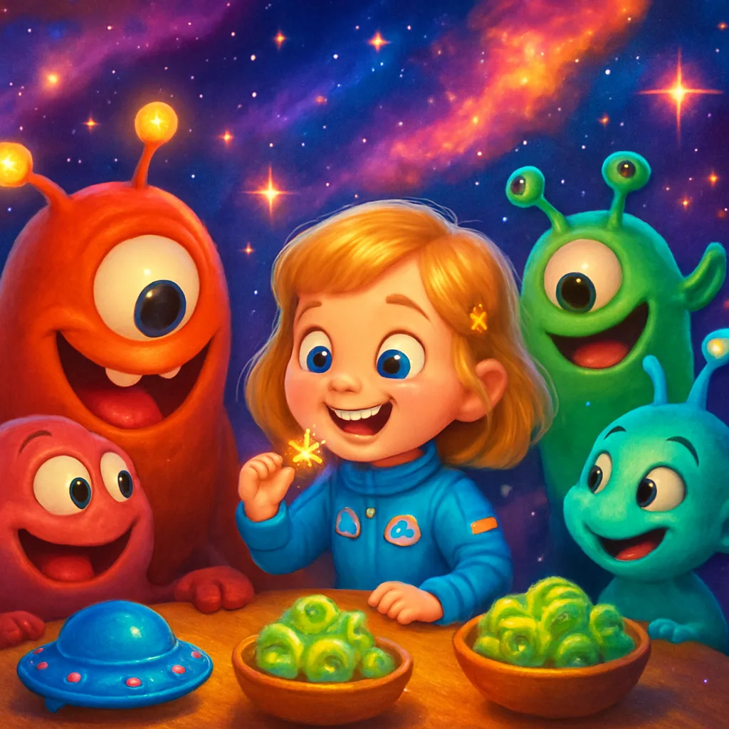 Sample story page showing Lily at a galactic feast with space treats and friends.