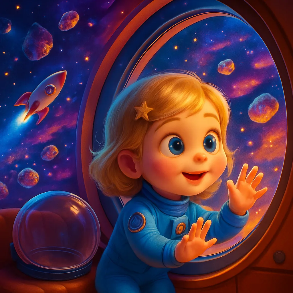Sample story page showing Lily's rocket flying through a glittery asteroid belt.
