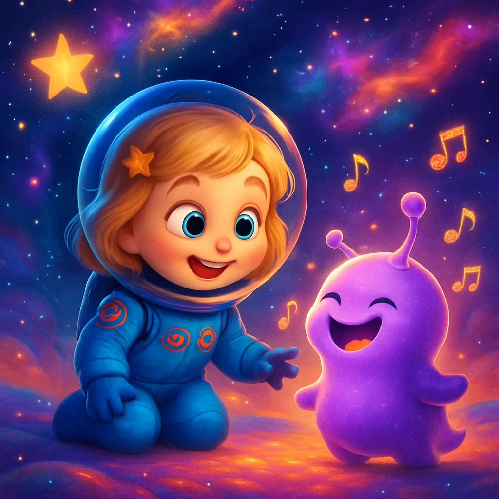 Sample story page showing Lily meeting a colorful alien on a bright planet.